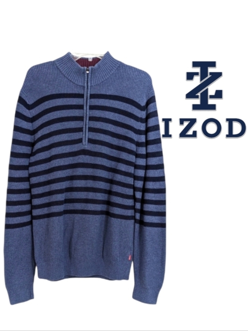 Izod Henley Quarter Zip Sweater - Blue & Navy - Size Large Mens - 100% Cotton